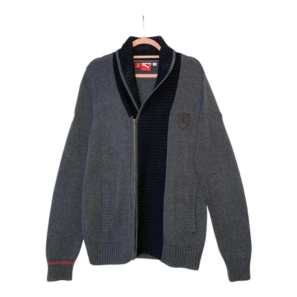 Puma Ferrari Medium Mens Gray Cotton Long Sleeve Full Zip Pockets Knit Sweater